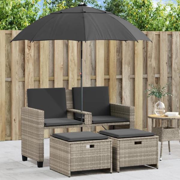 ARDEBO.de - Gartensofa 2-Sitzer Sonnenschirm und Hocker Hellgrau Polyrattan