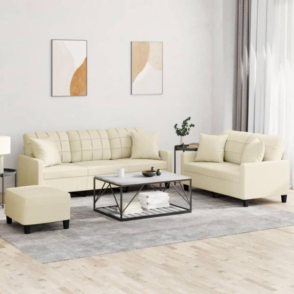 ARDEBO.de - 3-tlg. Sofagarnitur mit Kissen Creme Kunstleder