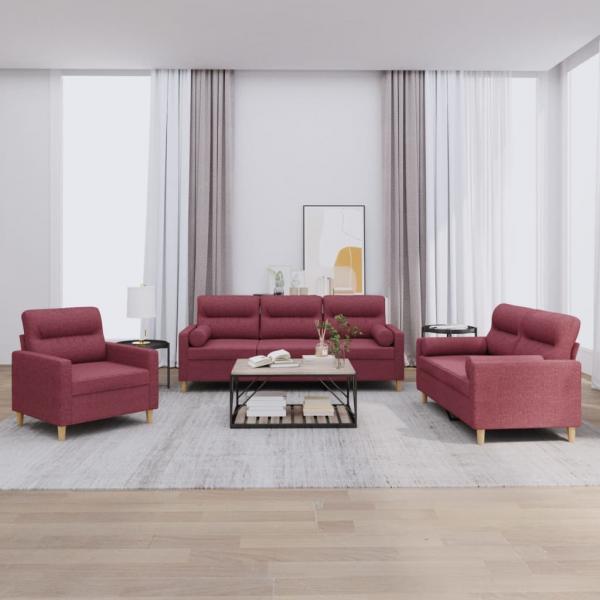 ARDEBO.de - 3-tlg. Sofagarnitur mit Kissen Weinrot Stoff
