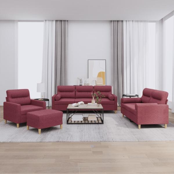 ARDEBO.de - 4-tlg. Sofagarnitur mit Kissen Weinrot Stoff