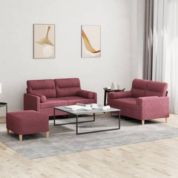 ARDEBO.de - 3-tlg. Sofagarnitur mit Kissen Weinrot Stoff