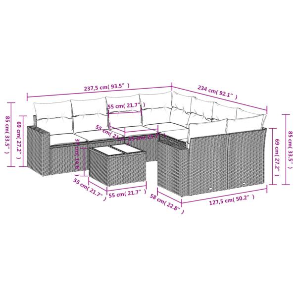 9-tlg. Garten-Sofagarnitur mit Kissen Braun Poly Rattan