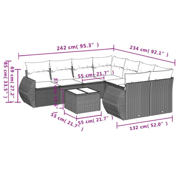 9-tlg. Garten-Sofagarnitur mit Kissen Braun Poly Rattan