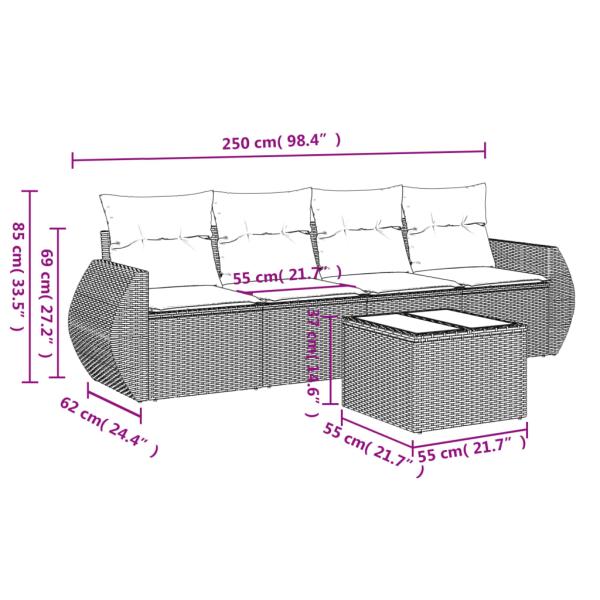 5-tlg. Garten-Sofagarnitur mit Kissen Braun Poly Rattan