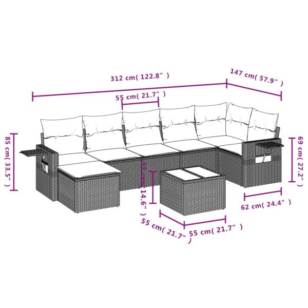 8-tlg. Garten-Sofagarnitur mit Kissen Braun Poly Rattan