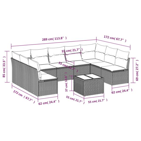 10-tlg. Garten-Sofagarnitur mit Kissen Braun Poly Rattan