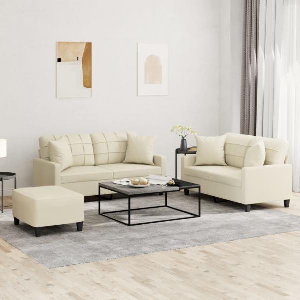 ARDEBO.de - 3-tlg. Sofagarnitur mit Kissen Creme Kunstleder
