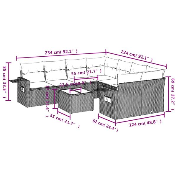 9-tlg. Garten-Sofagarnitur mit Kissen Braun Poly Rattan