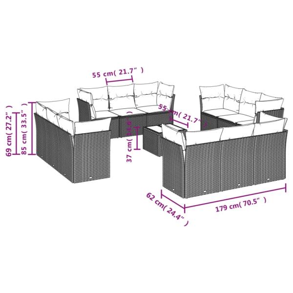 13-tlg. Garten-Sofagarnitur mit Kissen Braun Poly Rattan