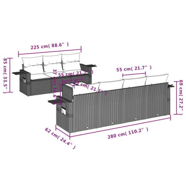 8-tlg. Garten-Sofagarnitur mit Kissen Braun Poly Rattan