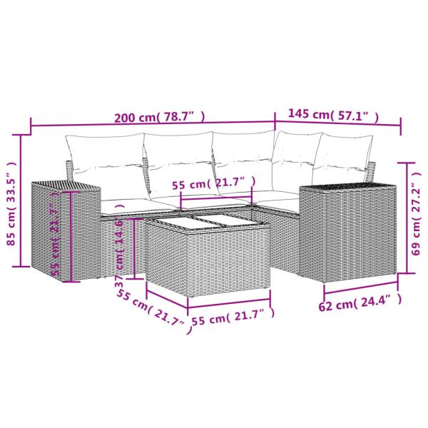 5-tlg. Garten-Sofagarnitur mit Kissen Braun Poly Rattan