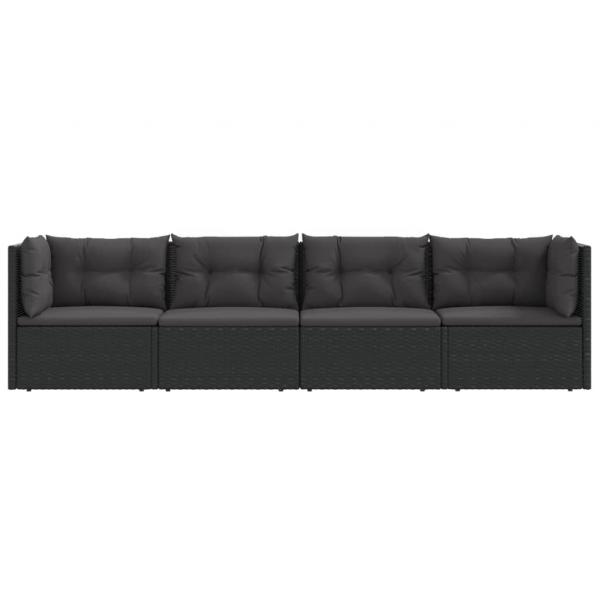 4-tlg. Garten-Lounge-Set mit Kissen Schwarz Poly Rattan
