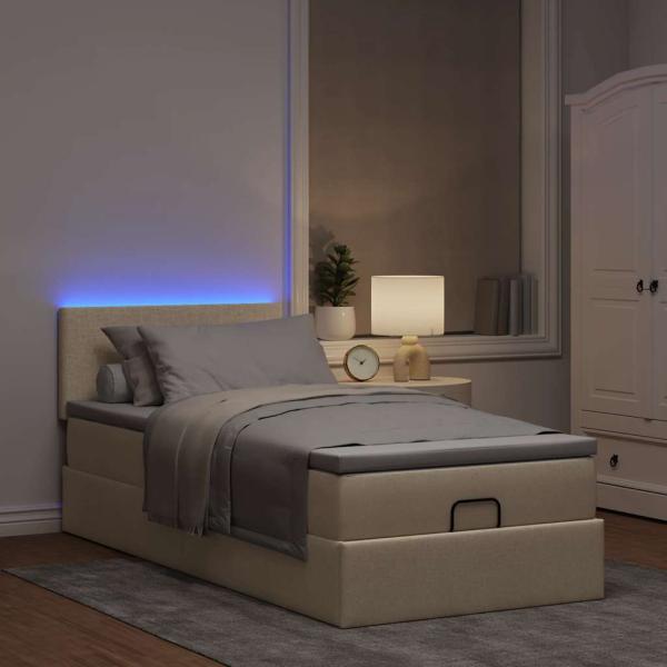 Ottomane Bett mit Matratze & LEDs Creme 90x200 cm Stoff