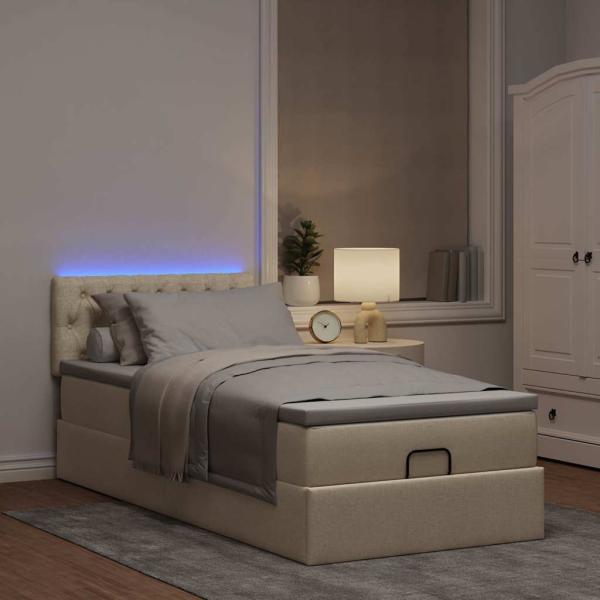 Ottomane Bett mit Matratze & LEDs Creme 90x200 cm Stoff
