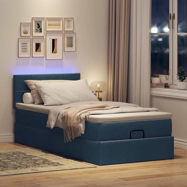Ottomane Bett mit Matratze & LEDs Blau 90x200 cm Stoff