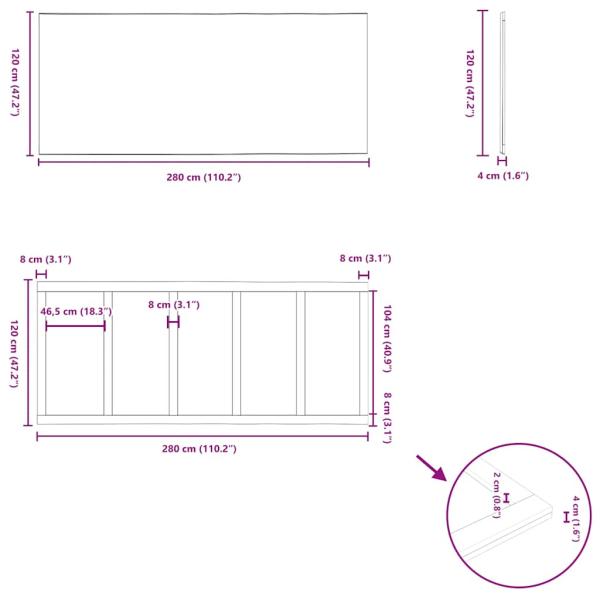 Tischplatte Hellbraun 280x120x4,2cm Massivholz Eiche Rechteckig
