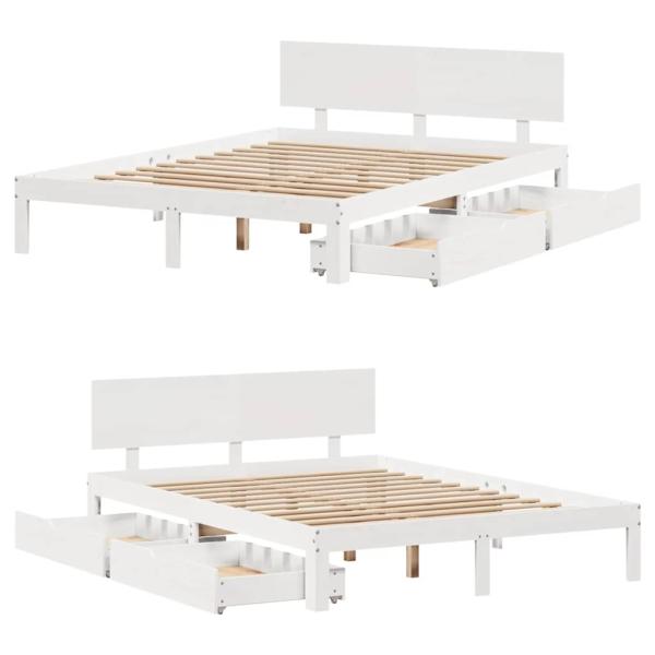 Massivholzbett mit Schubladen Weiß 140x200 cm Kiefer