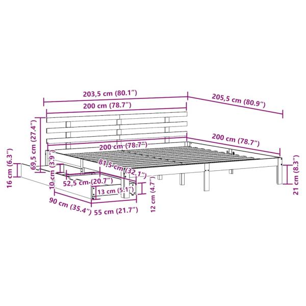 Massivholzbett mit Schubladen Weiß 200x200 cm Kiefer