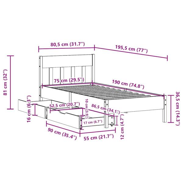 Massivholzbett ohne Matratze Weiß 75x190 cm Kiefernholz