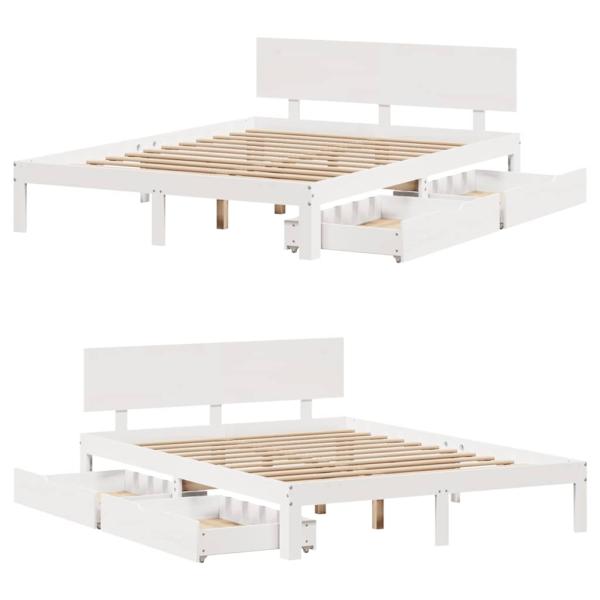 Massivholzbett mit Schubladen Weiß 135x190 cm Kiefer