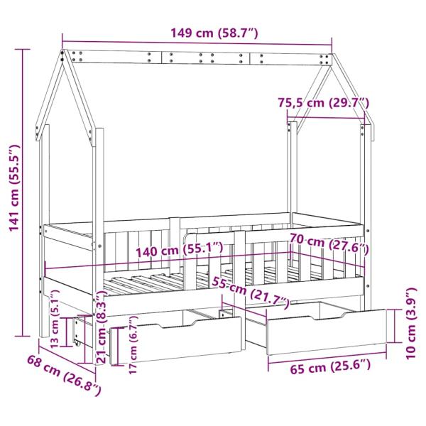 Kinderbett mit Schubladen 70x140 cm Massivholz Kiefer