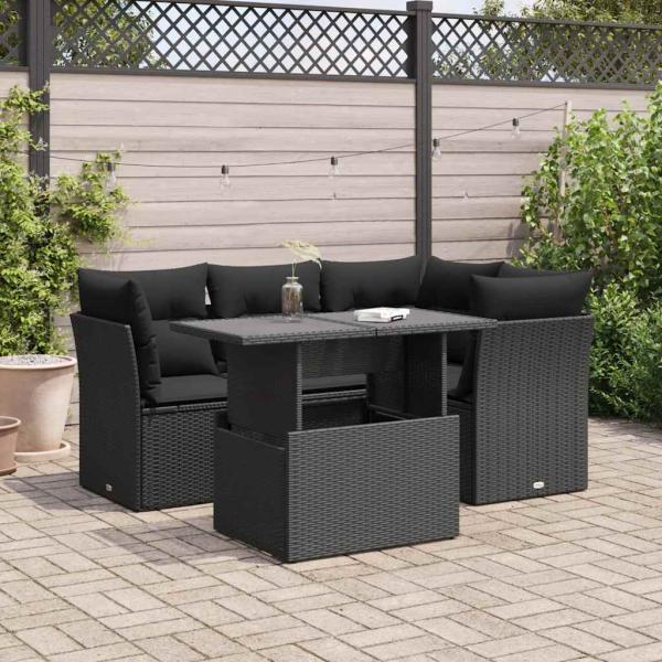 ARDEBO.de - 5-tlg. Garten-Sofagarnitur mit Kissen Schwarz Poly Rattan