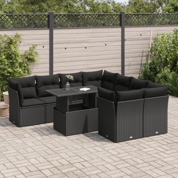 ARDEBO.de - 9-tlg. Garten-Sofagarnitur mit Kissen Schwarz Poly Rattan