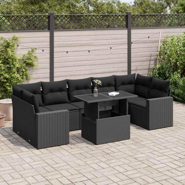 ARDEBO.de - 8-tlg. Garten-Sofagarnitur mit Kissen Schwarz Poly Rattan