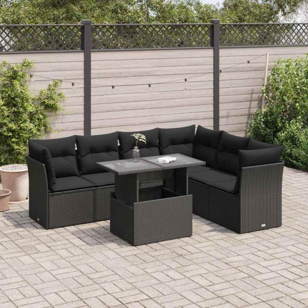 ARDEBO.de - 7-tlg. Garten-Sofagarnitur mit Kissen Schwarz Poly Rattan
