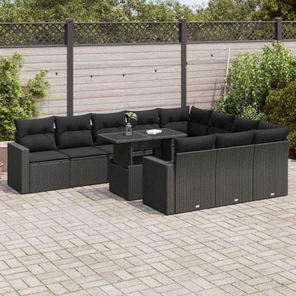 ARDEBO.de - 11-tlg. Garten-Sofagarnitur mit Kissen Schwarz Poly Rattan
