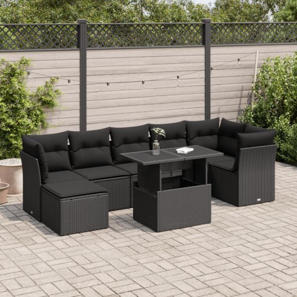 ARDEBO.de - 8-tlg. Garten-Sofagarnitur mit Kissen Schwarz Poly Rattan