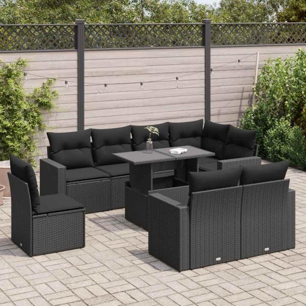 ARDEBO.de - 9-tlg. Garten-Sofagarnitur mit Kissen Schwarz Poly Rattan