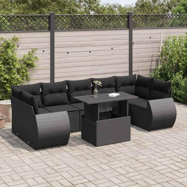 ARDEBO.de - 8-tlg. Garten-Sofagarnitur mit Kissen Schwarz Poly Rattan
