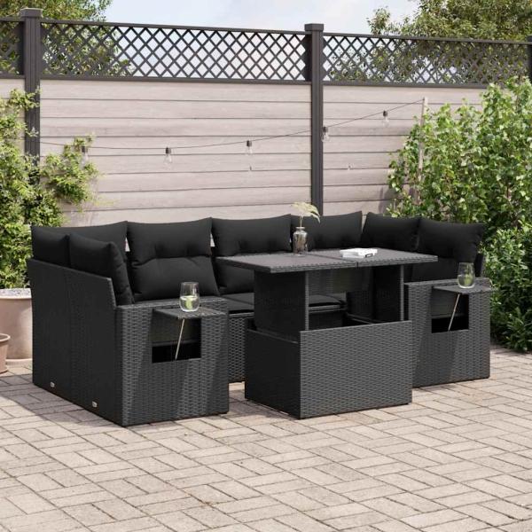 ARDEBO.de - 7-tlg. Garten-Sofagarnitur mit Kissen Schwarz Poly Rattan
