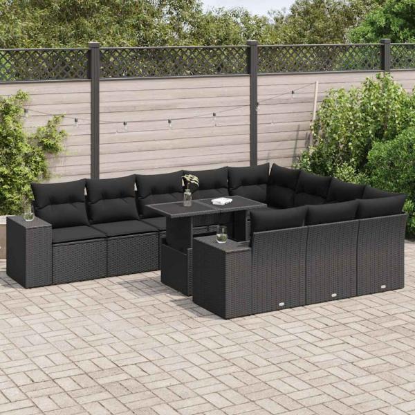 ARDEBO.de - 11-tlg. Garten-Sofagarnitur mit Kissen Schwarz Poly Rattan