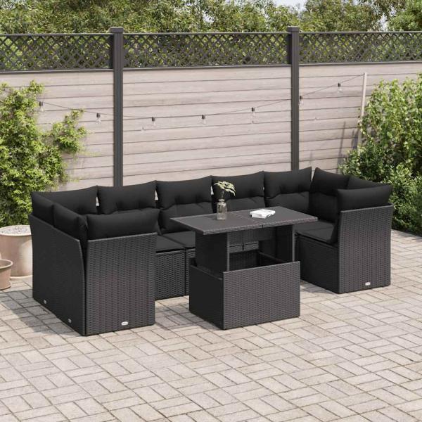 ARDEBO.de - 8-tlg. Garten-Sofagarnitur mit Kissen Schwarz Poly Rattan
