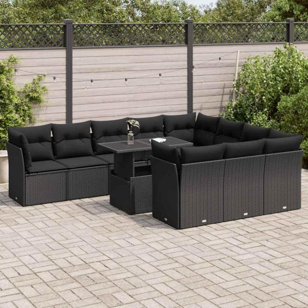 ARDEBO.de - 11-tlg. Garten-Sofagarnitur mit Kissen Schwarz Poly Rattan