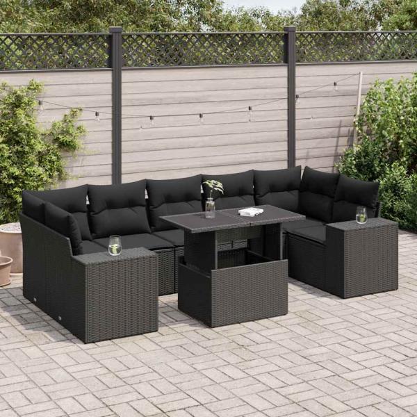 ARDEBO.de - 8-tlg. Garten-Sofagarnitur mit Kissen Schwarz Poly Rattan