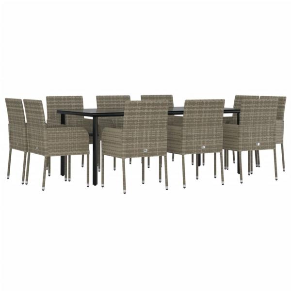 11-tlg. Garten-Essgruppe mit Kissen Schwarz & Grau Poly Rattan