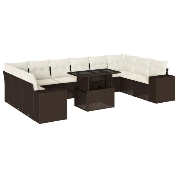 11-tlg. Garten-Sofagarnitur mit Kissen Braun Poly Rattan