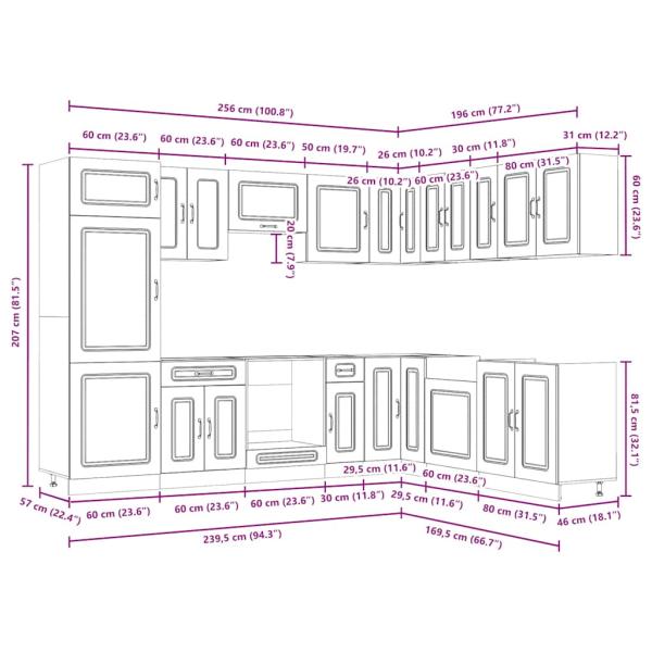 14-tlg. Küchenschrank-Set Kalmar Grau Sonoma Holzwerkstoff
