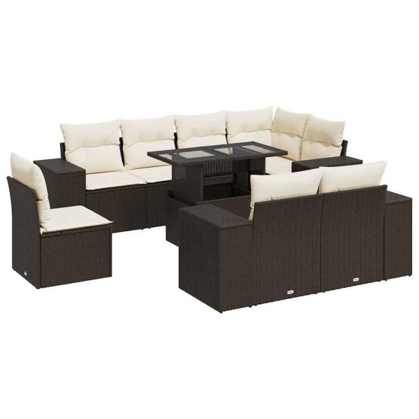9-tlg. Garten-Sofagarnitur mit Kissen Braun Poly Rattan