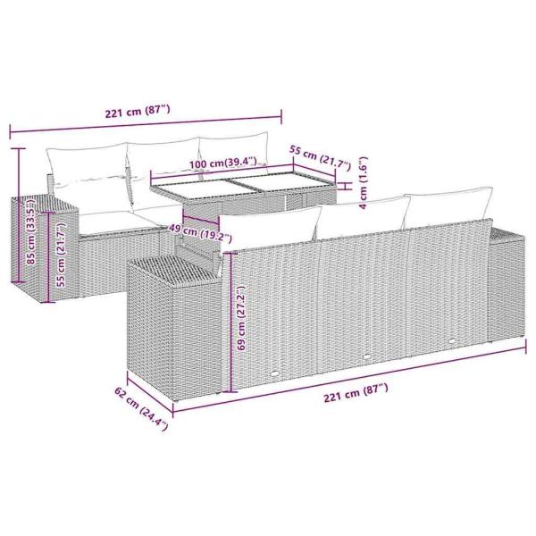 7-tlg. Garten-Sofagarnitur mit Kissen Braun Poly Rattan