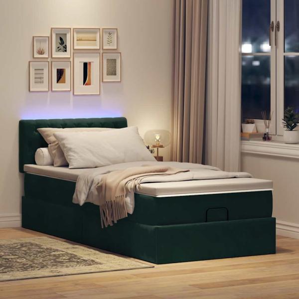 Ottomane Bett mit Matratze & LEDs Dunkelgrün 90x200 cm Samt