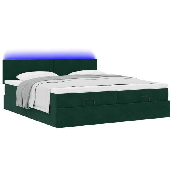 Ottoman-Bett mit Matratzen & LEDs Dunkelgrün 180x200 cm Samt