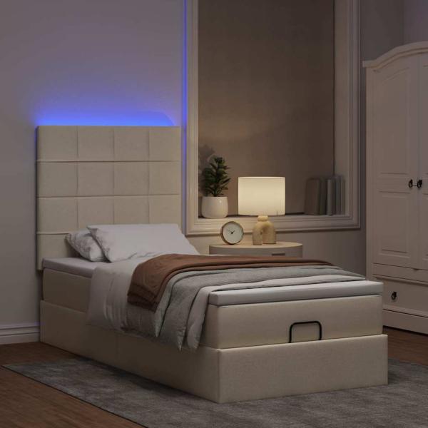 Ottomane Bett mit Matratze & LEDs Creme 90x200 cm Stoff