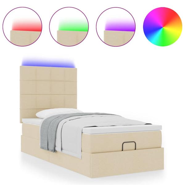 Ottomane Bett mit Matratze & LEDs Creme 90x200 cm Stoff