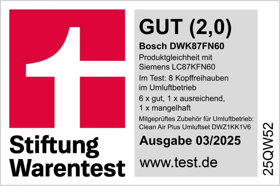 Bosch DWK87FN60 EEK: A+ Wandesse, 80 cm breit, 431 m³/h, Ab-/Umluft, Home Connect, Smart Hood Automatic, LED-Beleuchtung, Klarglas schwarz bedruckt