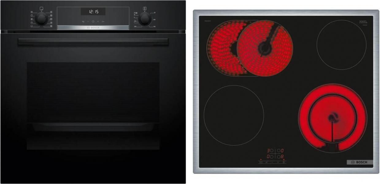 ARDEBO.de Bosch HBD631CS62 EEK: A+ Einbau-Backofen-Set mit Elektro-Kochfeld (HBG537BB3 + PKN645BA2E), 60 cm breit, 71 L, 3D-Heißluft, Eco Clean Direc, Kindersicherung, Rahmen aufliegend, schwarz