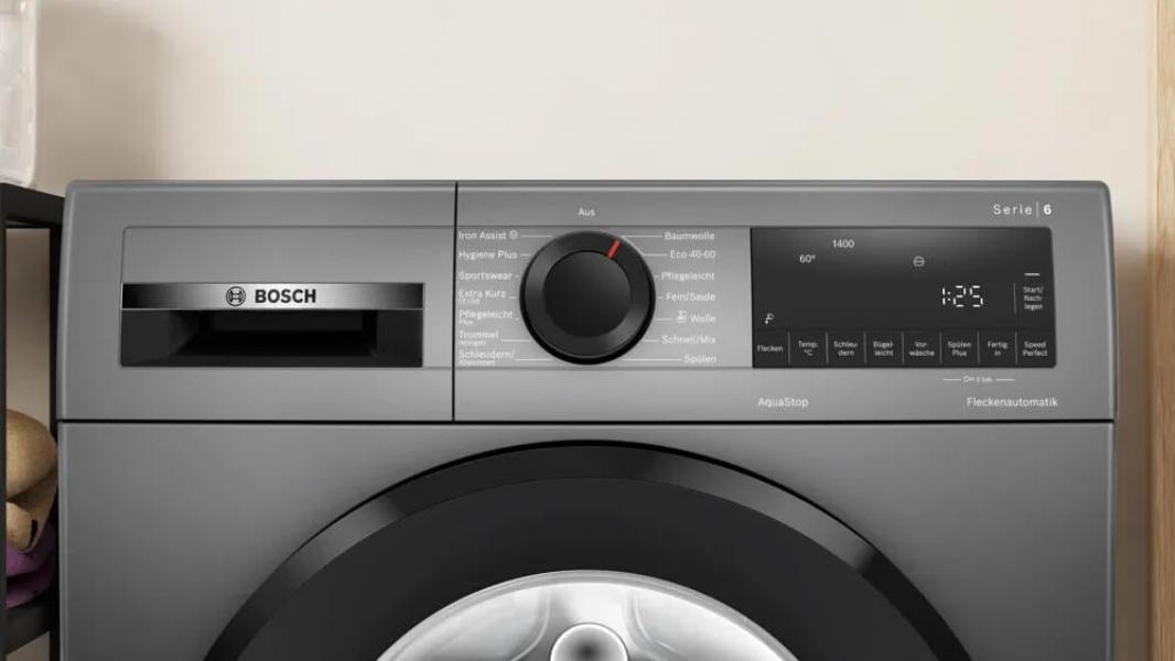 Bosch WGG244ZR10 Serie 6 9kg Frontlader Waschmaschine, 60 cm breit, 1400 U/Min, AquaStop, Fleckenautomatik, Steam Assist, Nachlegefunktion, Silber-schwarzgrau